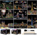 (Landmark Building) - Scratch Art for Kids & Adults, Rainbow Engraving Painting Landscape Scratchboard(A4) Crafts Set: 8 Sheets 4 Tools - Fireworks, Big Ben, Tower Bridge, Cristo Redentor, Ferris Wheel(Landmark Building)