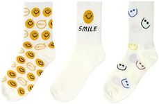 AMYETAILEEN Smile Ankle Crew Socks 3Pairs - Women Checkered Happy Neutral Girls Fun Warm Cozy cotton Casual Fuzzy Canvas, Yellow & White, 5-8