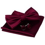 Gusleson Mens Maroon Wedding Bow tie Double Fold Pre-tied Bowtie and Pocket Square Cufflink Set (UK0570-01)