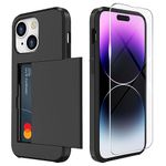 ZUSLAB Card Holder Slot Case Compatible with Apple iPhone 15 6.1'' 2023, Phone Wallet Case with 1 Tempered Glass Screen Protector, Rubber & PC Bumper Cover for Women Men, Black