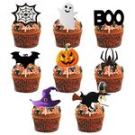 CHEERYMAGIC 48PCS Halloween Cake Topper, Halloween Cupcake Toppers with Pumpkin Ghost Bat Spider, Halloween Cake Decorations for Halloween Theme Party Decor Supplies A9WSZTDGZS