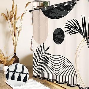 GiuMsi 72"X72" Boho Mid Century Black and White Shower Curtain Sets with Tassel Pendants Arch Sun Modern Minimalistic Leaves Bathroom Curtains Waterproof Ployester 12 Hooks Home Decorations
