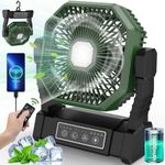 Camping Fan with LED Lantern, Upgraded Portable Rechargeable Outdoor Tent Fan with Light & Hook & Remote, 4 Speeds Powerful Cooling USB Desk Fan, Battery-powered fan for Fishing, Picnic (Green-black)