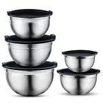 Vinod Set of 5 Stainless Steel Mixing Bowls with Lids - Meal Prep Bowls | Mix & Serve | Flat Bottom & Stackable | Heavy Duty, Easy to Clean, Space Saving, | Black Lids