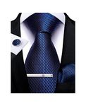 DiBanGu Navy Blue Tie Men's Silk Tie and Pocket Square Cufflinks Tie Clip Set Solid Tie(Size: One Size)