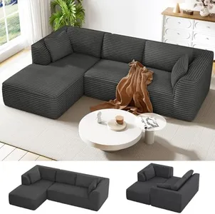 Vesgantti 106" Cloud Sectional Couch with Chaise, Deep Seat Comfy Modular Sectional Sofa Corduroy Memory Foam Boneless Couches for Living Room Bedroom, No Assembly Required (Grey, Left-Facing Chaise)