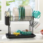 2 Tier Black Dish Drainer Rack with Drip Tray, Stainless Steel Draining Dish drainer with Draining Board and Utensils Holder, Dish Drying Rack for Small Kitchen Countertop