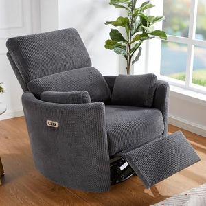 Jocisland Power Recliner Nursery Chair for Adults, Swivel Rocking Glider with 4 Massage Points, USB & Type-C Charge, 2 Pillows, Barrel Armchair Single Sofa for Living Room Bedroom, Grey