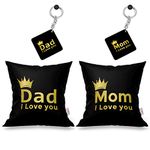 K1PORTAL Mom Dad I Love You Quote Printed Satin Cushion/Pillow Combo + Printed Keychain (12" x 12" Cushion Cover with Filler, Both 2 Quantity)- Black