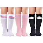 3 Pairs Toddler Knee High Socks Kids Soccer Socks Girls Three Stripes Tube Socks Over the Calf School Uniform Stockings Athletic Boys Children (Black+Pink+White&red blue,5-7 Years)