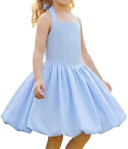 Girls Halter Bubble Dress Short- Tween Girls School Dance Graduation Dresses Adjustable Shirred Back Ruffle Flower Girl Party Dress for Kids Wedding Birthday Summer Back to School Blue 13-14 Years