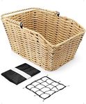 ANZOME Bike Basket Rear, Woven Rectangular Bike Basket with Waterproof Cover & Cargo NetMount on The Back Seat Fits for Most Rear Bike Racks