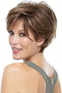 QUEENTAS Short Hair Wigs for Women Brown Pixie Bob Wig Pixie Cut Wig for Women Synthetic Hair Wigs with Bangs Daily or Cosplay (Dark Brown Highlingt Blonde)