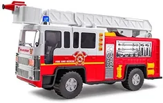 Playkidiz 15" Fire Truck Toy for Kids with Lights and Siren Sounds, Classic Red and White Rolling Emergency Vehicle, Interactive Play Movable Ladder, Early Learning Fun, Boys or Girls
