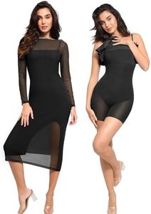 Popilush Mesh Long Sleeve Dress with Built in Shapewear Black Bodycon Dress for Women Long Sleeve Dress for Women with Slit Going Out Dress 2 Piece Dress Sets L
