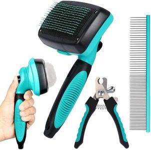 Belle Vous Dog Brush Grooming Kit - Self-Cleaning Pin Slicker Brush, Nail Cutters & Comb - Removes Loose Fur & Tangles - Long/Short Hair Cats & Dogs