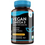 Vegan High Strength Omega 3 2000mg Soft Gels - 600mg DHA & 300mg EPA per Serving - Plant-Based Omega 3 Softgels Derived from Sustainable Algal Oil - 60 Vegan Softgels - Made in The UK by Nutravita