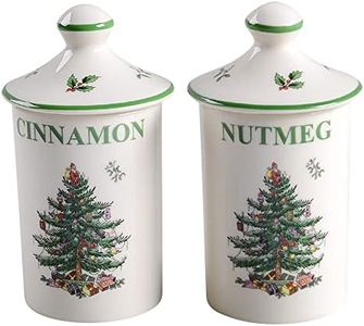 Spode Christmas Tree Spice Jars - Set of 2 Porcelain Jars for Cinnamon & Nutmeg, 4.5 Inch Seasoning Storage Jars, Beautiful Festive Kitchen Decor, Ideal for Holiday Recipes and Organization
