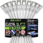 GearIT 10 Pack, Cat 6 Ethernet Cable Cat6 Snagless Patch 5 Feet - Computer LAN Network Cord, White - Compatible with 10 Port Switch POE 10port Gigabit