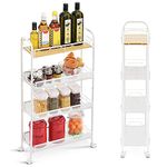KINGRACK 4-Tier Slim Rolling Cart with Wooden Tabletop,Mobile Metal Utility Storage Cart,Slide Out Narrow Cart for Tight Spaces on Bathroom Kitchen Laundry Room Bedroom Apartments Dormitory, White
