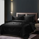 YASMENG 3pcs Black Satin Silky Comforter Set Queen Size Summer Cooling Glossy Quilt Set Smooth Touch Luxury Hotel Silk Like Satin Duvet Down Alternative Comforter with 2 Pillowcases for All Seasons