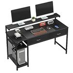 MUTUN 55" Computer Desk, Office Desk with Drawers, Home Office Desk with Adjustable Monitor Stand and Hook, Study Desk with Shelves, Black