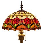 WERFACTORY Tiffany Floor Lamp Red Amber Tulip Flower Stained Glass Standing Reading Light 16X16X64 Inches Antique Pole Corner Lamp Decor Bedroom Living Room Home Office S030 Series