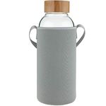 Ferexer 1.5 Litre Large Borosilicate Glass Water Bottle with Bamboo Lid with Neoprene Sleeve 1500 ml / 1.5 L Grey