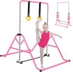 FCOUMY Gymnastics Bar for Kids, Junior Training Kip Horizontal Bar Gymnastics Equipment for Home, Adjustable Telescopic Height Folding Horizontal Bar with Gymnastic Rings for 3-12 Years Old Kids Pink