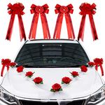 VINFUTUR Wedding Car Ribbon Decoration Set, 2Pcs Car Ribbons + 9Pcs Artificial Rose Flowers + 4Pcs Pull Bows for Wedding Car Ceremony Party Decoration (Red)