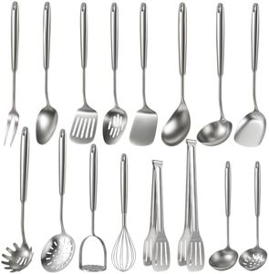 Newness 16 Pcs Cooking Utensils Set, 304 Stainless Steel Kitchen Utensils Set, Metal Kitchen Accessories, Include Soup Ladle, Slotted Skimmer Spoon, Spaghetti Spoon and Spatula, Dishwasher Safe