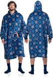 Mad Dog Wearable Fleece Blanket Hoodie, Christmas Matching Family Sets with Long Sleeves for Adults Girls & Boys Xmas Poncho, Men, Blue Print, One Size