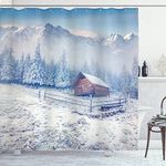 Ambesonne Winter Shower Curtain, Old Farmhouse in Snow Season Mountains and Frosted Forest Rustic Life Photography, Fabric Bathroom Decor Set with Hooks, 70 inches,