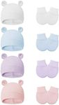 Molans 4 Sets Newborn Hat, Cotton Baby Hat Girls Baby Beanie Infant Hat for 0-3 Months Baby Girls (Hat, Mittens)