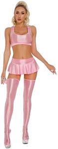 YiZYiF Women's Glossy Lingerie Outfits Highly Elastic Crop Tops with Skirts and Thigh High Stockings Pink Medium