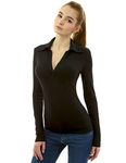 AmélieBoutik Women Collar V Neck Long Sleeve Polo Shirt (Black Medium 12)
