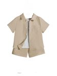 Kid's Grorgues Stylish Cotton Solid Short Sleeve Shirt With Pocket Short Clothing Set For Summer, Vecation, Traval (18-24 Months, Cream)