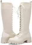 Vepose Women's 953 Lace Platform Combat Knee High Boots, Beige, Size 6.5M US-with Comfort Chunky Heel(CJY953 Beige 06.5)