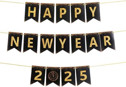 New Year Banner, Happy New Years Eve Party Decorations Gold Glitter New Year Backdrop Fireplace Mantle Home Decor Supplies