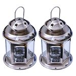 2 Pcs European Design Antique Glass Hanging Candle Lanterns with Stars Metal Frame Candlestick Holder Night Lamp, Romantic Xmas Wedding Party Decoration (Silver)