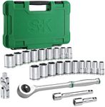 SK 1/2" Drive Socket Set with 216-P Quick-Release Ratchet, 23-Piece, SAE & Metric, SuperKrome Finish, Premium CR-V Construction, with Storage Suitcase