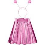 Halloween Alien Headband and Metallic Skirt Flared Pleated Skater Skirt for Halloween Costumes Supplies (Pink, X-Large Skirt)