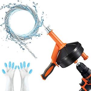 Drain Snake, Breezz Plumbing Snake Drain Auger with Drill Adapter, 7.6m Heavy Duty Flexible Clog Remover Use Manually or Powered for Bathtub, Kitchen, Bathroom and Shower Sink, Comes with Gloves