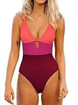 CUPSHE Women's One Piece Swimsuit Color Block Keyhole Cutout Bathing Suit, Red Purple, Medium