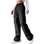 Greensen Women Loose Casual Long Pants Baggy Straight Wide Leg Trousers Pure Color High Waist Cargo Pants with Two Pockets(L-Black)