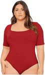 OYOANGLE Women's Plus Size Basic Short Sleeve Bodysuit Scoop Neck T Shirts Bodysuit Burgundy Solid 0XL