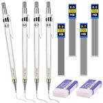 Tikplus Mechanical Pencil Set, 0.3, 0.5, 0.7, 0.9mm, Automatic Pencil, 4 Pcs Pencils with with 48pcs Lead Refills and 2 Rubber, for Students Writing,Skeching,Drawing (White)