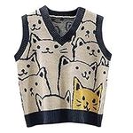 Dawwoti Women’s Knitted Sweater Vest Sleeveless Pullovers Jumpers Cat Pattern Sweatshirts for Winter Autumn Spring