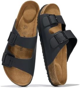 Project Cloud Genuine Leather Mens Sandals with Memory Foam Natural Cork Footbed Slides for Men Footwear - Non-Slip Double-Strap Buckle Summer Sandals (Arizona,BLKMAT,9.5)