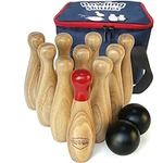 Wooden Skittles Game Set-Lawn Bowling and Skittles Games -Hardwood10 Pins & 2 Balls in a Carry Bag (20cm-High, natural)